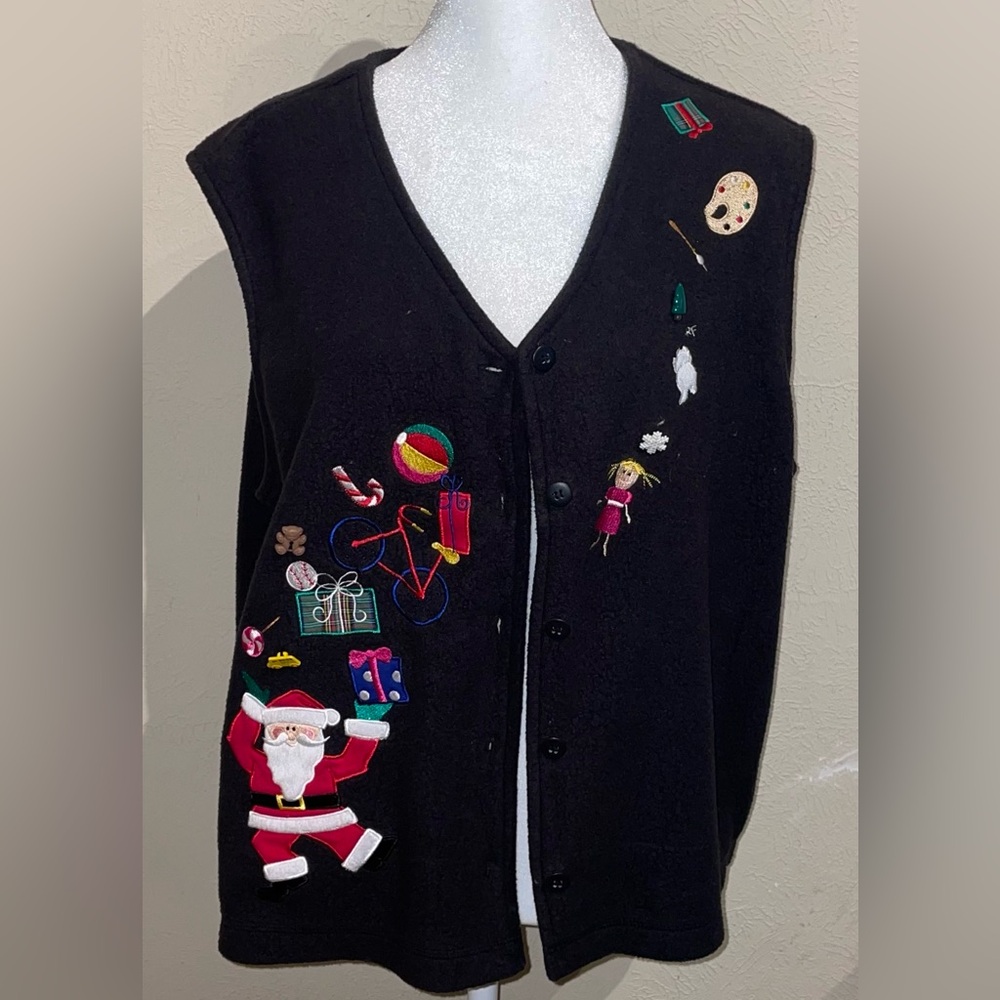 Bechamel Vintage Women’s Size L Christmas Black Fleece Vest Ugly Sweater Santa - Picture 3 of 11